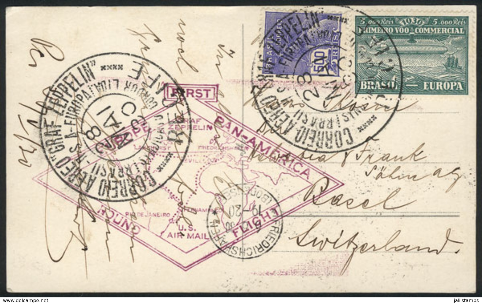 BRAZIL: 28/MAY/1930 Recife - SWITZERLAND, Via ZEPPELIN: Postcard Franked By Sc.4CL1 + 500Rs. Definitive, With Special Vi - Other & Unclassified