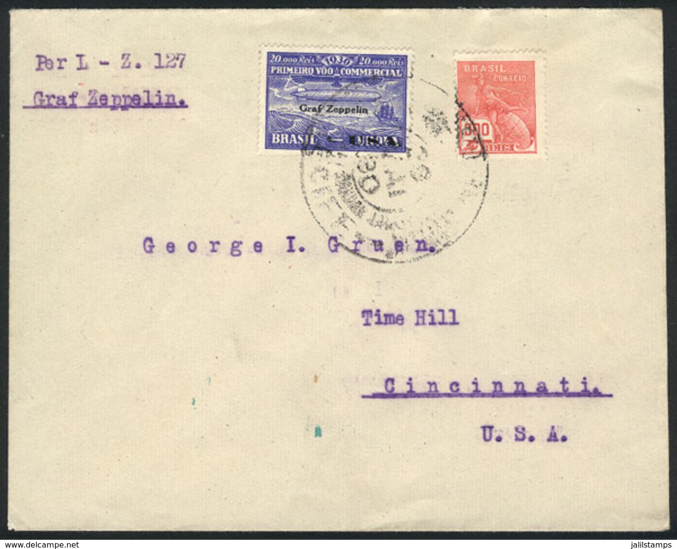 BRAZIL: 28/MAY/1930 Recife - Cincinnati, Via ZEPPELIN: Cover Franked By Sc.4CL10 + 500Rs. Definitive, With Lakehurst Arr - Sonstige & Ohne Zuordnung