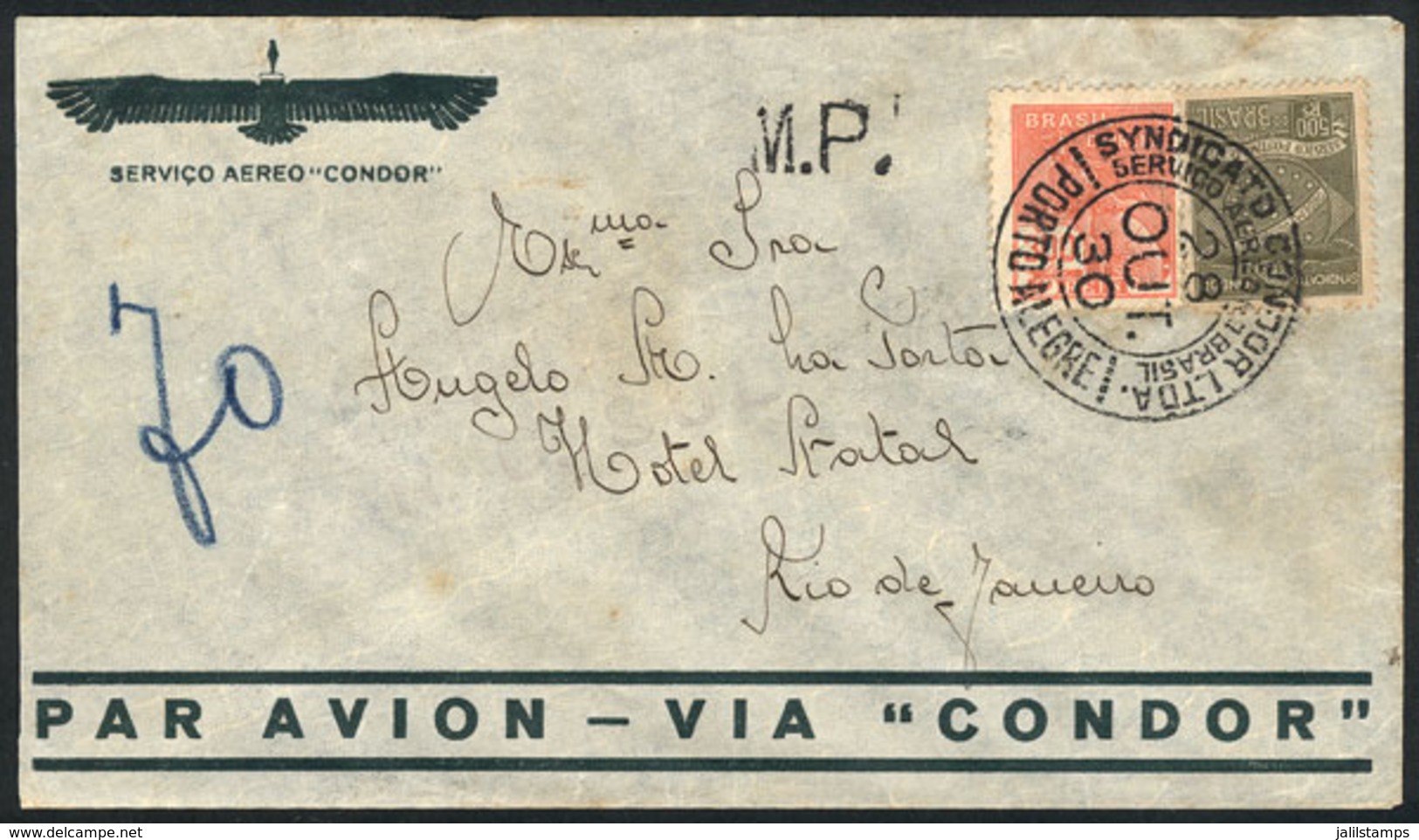 BRAZIL: Airmail Cover Sent Via CONDOR From Porto Alegre To Rio On 28/OC/1930, VF! - Sonstige & Ohne Zuordnung