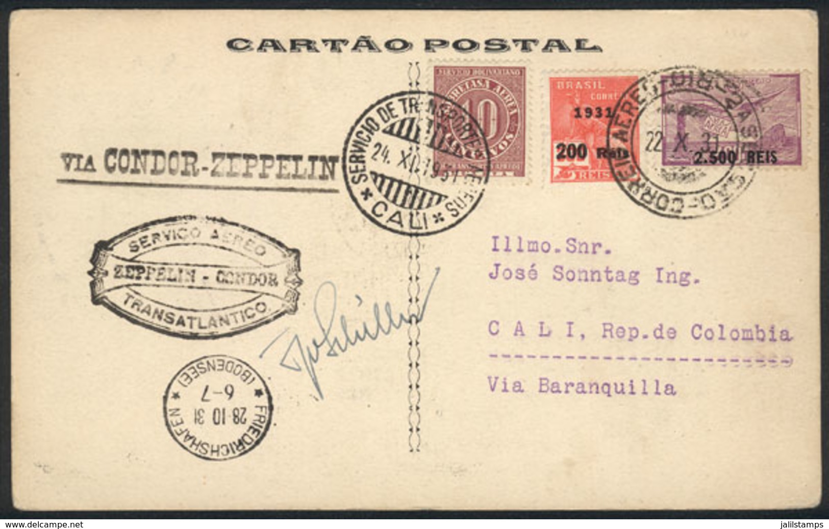 BRAZIL: Card Franked With 2,700 Reis, Sent From Rio De Janeiro To Cali On 22/OC/1931 Via Friedrichshafen, With Special H - Other & Unclassified