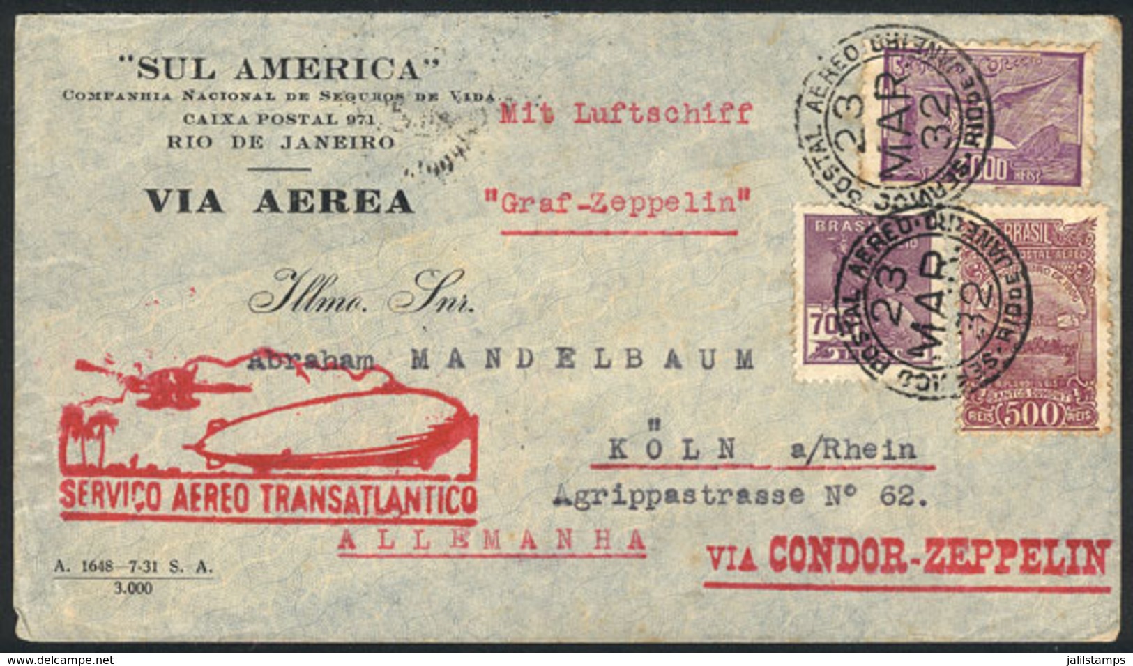 BRAZIL: 23/MAR/1932 Rio De Janeiro - Germany, Via ZEPPELIN: Cover With Special Red Handstamped Cachet Of The Flight, Wit - Other & Unclassified