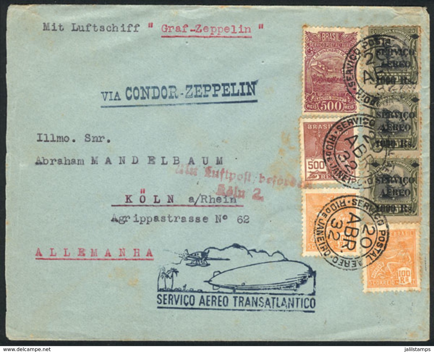 BRAZIL: 20/AP/1932 Rio De Janeiro - Germany, Via ZEPPELIN: Cover With Special Blue Handstamped Cachet Of The Flight, Wit - Other & Unclassified