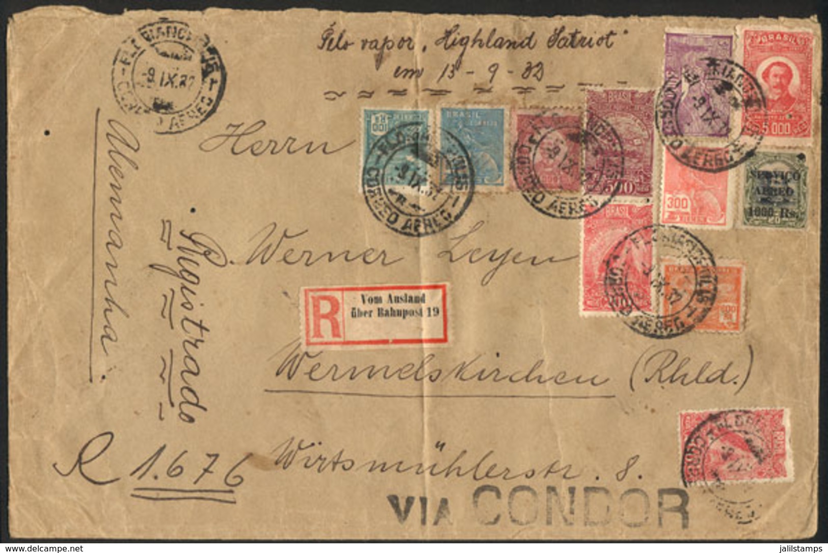 BRAZIL: Registered Cover Sent From Blumenau To Germany On 9/SE/1932, Using A Combination Of Airmail And Then Ship Mail T - Other & Unclassified
