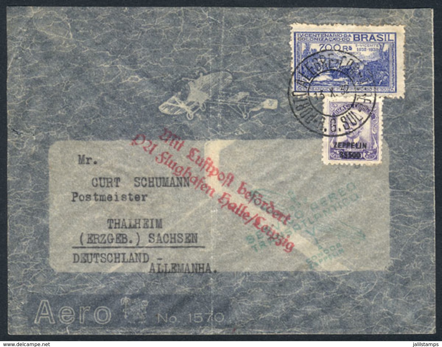 BRAZIL: Cover Sent From Porto Alegre To Germany On 13/OCT/1932, With Green Handstamp Of The Flight And Friedrichshafen A - Andere & Zonder Classificatie