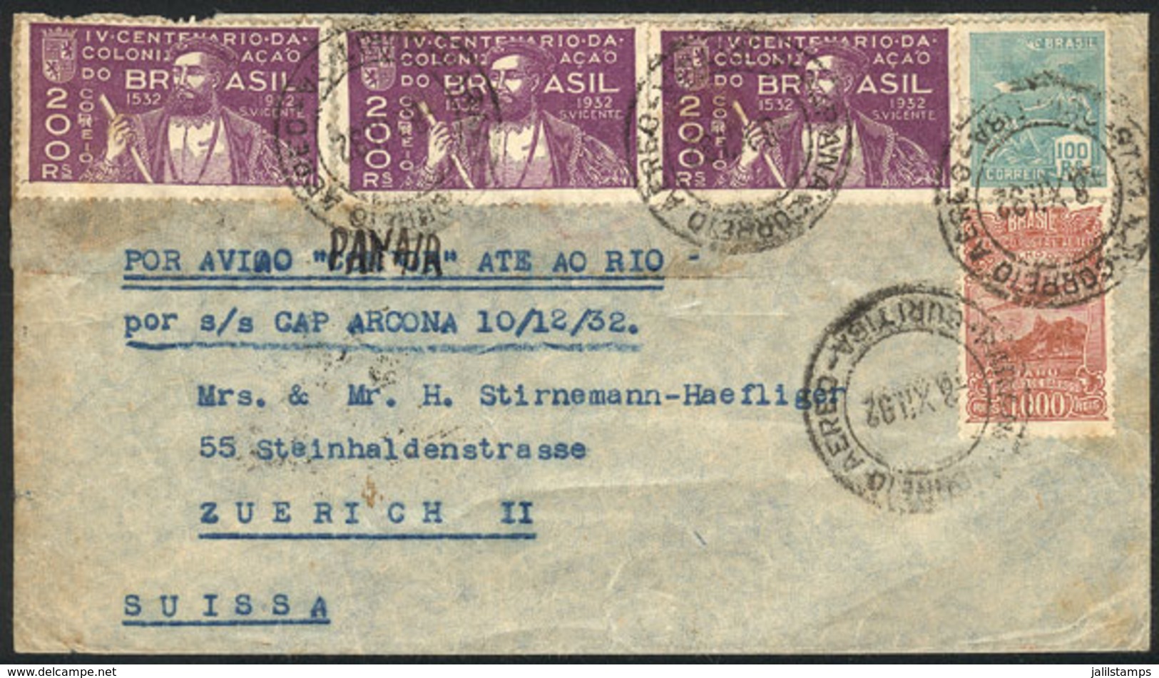 BRAZIL: Cover Sent From Curitiba To Switzerland On 8/DE/1932, BY AIRPLANE To Rio De Janeiro To Reach The Steampship Cap  - Other & Unclassified