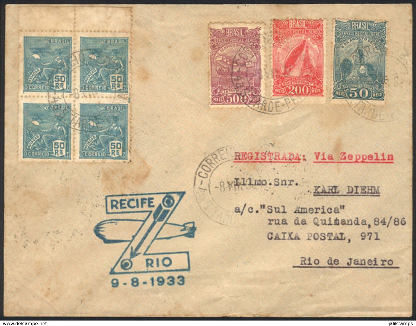 BRAZIL: 9/AU/1933 Recife - Rio De Janeiro, Via ZEPPELIN: Cover With Special Cachet Of The Flight, Nice Multicolored Post - Andere & Zonder Classificatie