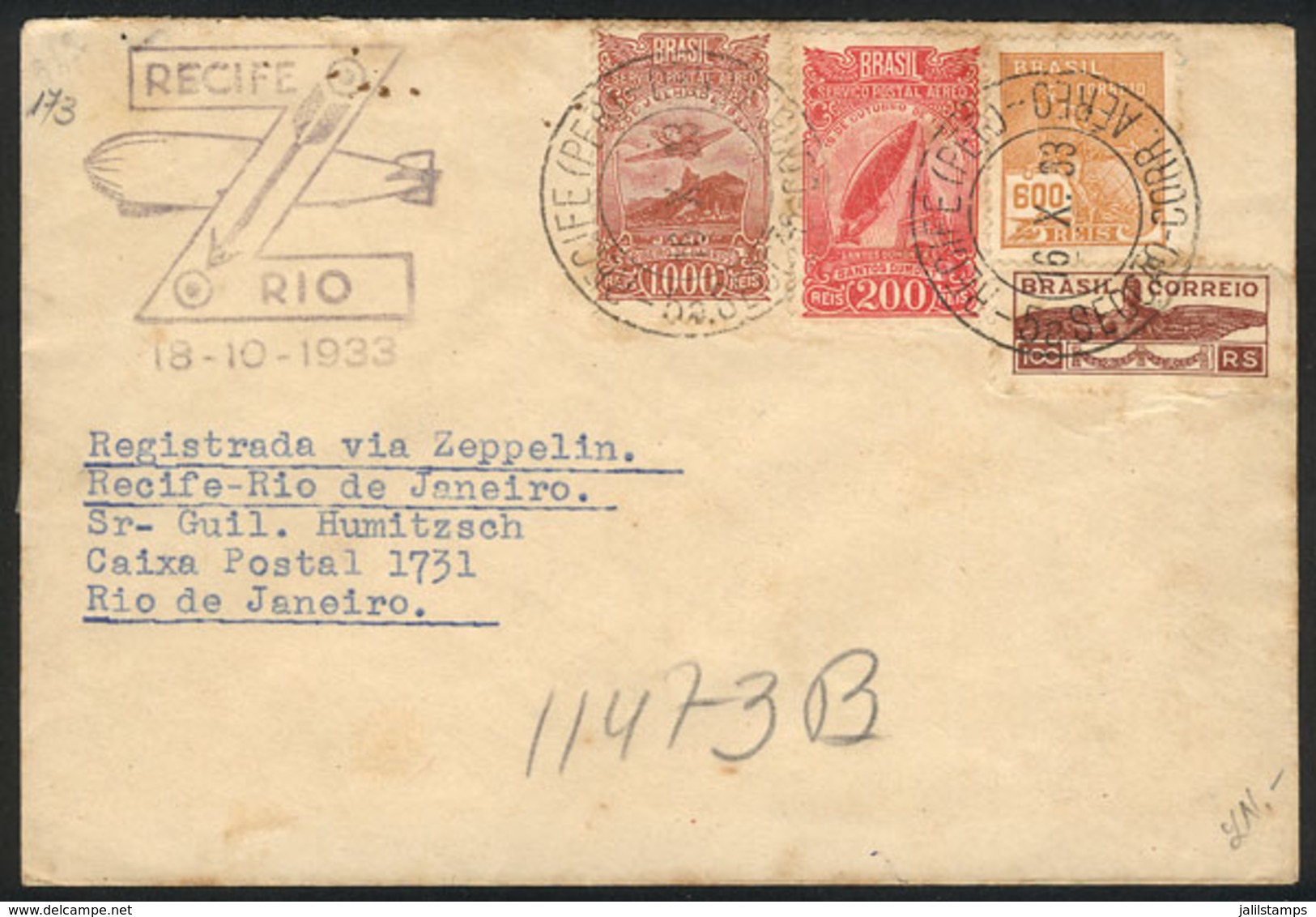 BRAZIL: 16/OC/1933 Recife - Rio De Janeiro, Via ZEPPELIN: Cover With Special Violet Cachet, And Arrival Backstamp Of 19/ - Other & Unclassified