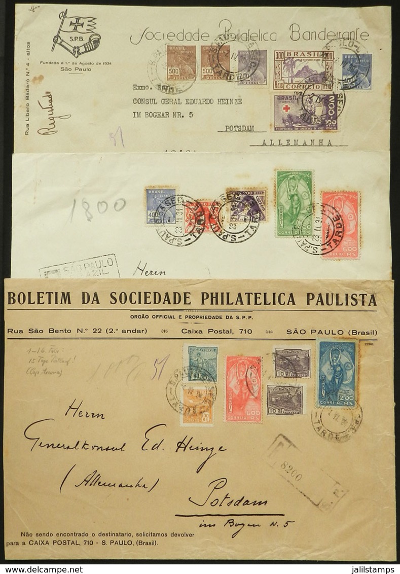 BRAZIL: 3 Registered Covers Sent From Sao Paulo To Germany Between 1934 And 1936, With Spectacular Postages That Include - Other & Unclassified