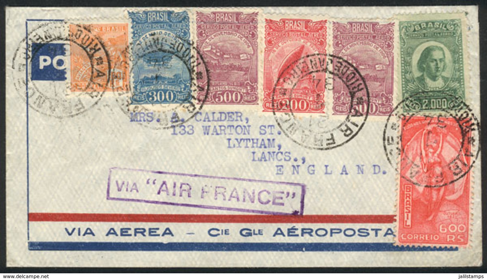BRAZIL: Airmail Cover Sent By AIR FRANCE From Rio De Janeiro To England On 21/JA/1934, Good Multicolor Postage, VF Quali - Sonstige & Ohne Zuordnung