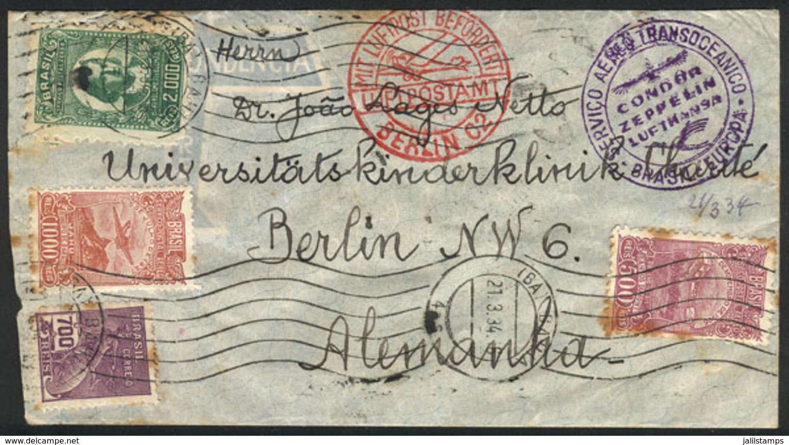 BRAZIL: Airmail Cover Sent From Bahia To Germany On 21/MAR/1934 Franked With 4,200Rs., Some Stain Spots, Very Nice! - Sonstige & Ohne Zuordnung