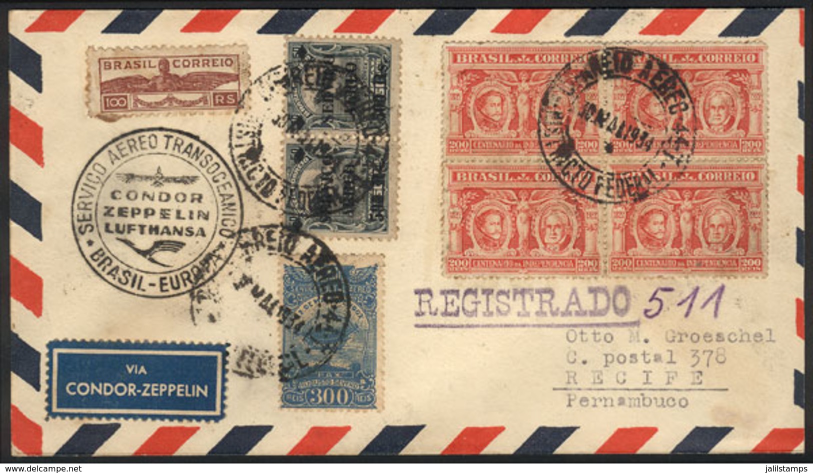 BRAZIL: 30/MAY/1934 Rio - Pernambuco, Via ZEPPELIN: Cover With Nice Postage, With Arrival Backstamp Of 1/JUN, VF! - Sonstige & Ohne Zuordnung