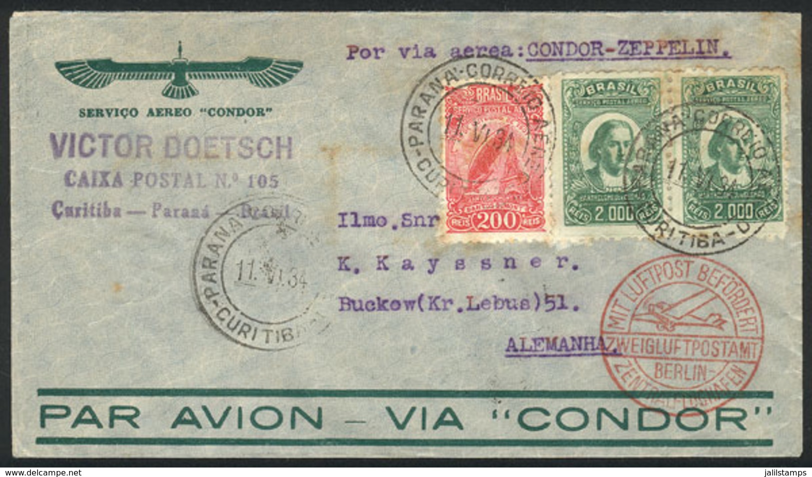 BRAZIL: Cover Flown By ZEPPELIN, Sent From Curitiba To Germany On 11/JUN/1934, With Arrival Backstamp Of Friedrichshafen - Andere & Zonder Classificatie