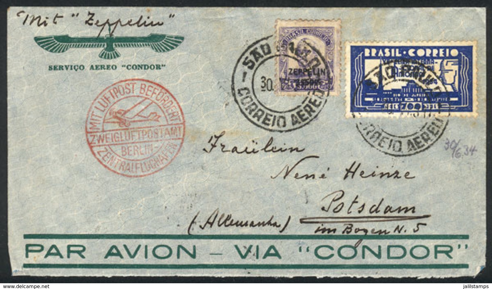 BRAZIL: Cover Flown By ZEPPELIN, Sent From Sao Paulo To Germany On 30/JUN/1934, With Arrival Backstamp Of Friedrichshafe - Other & Unclassified