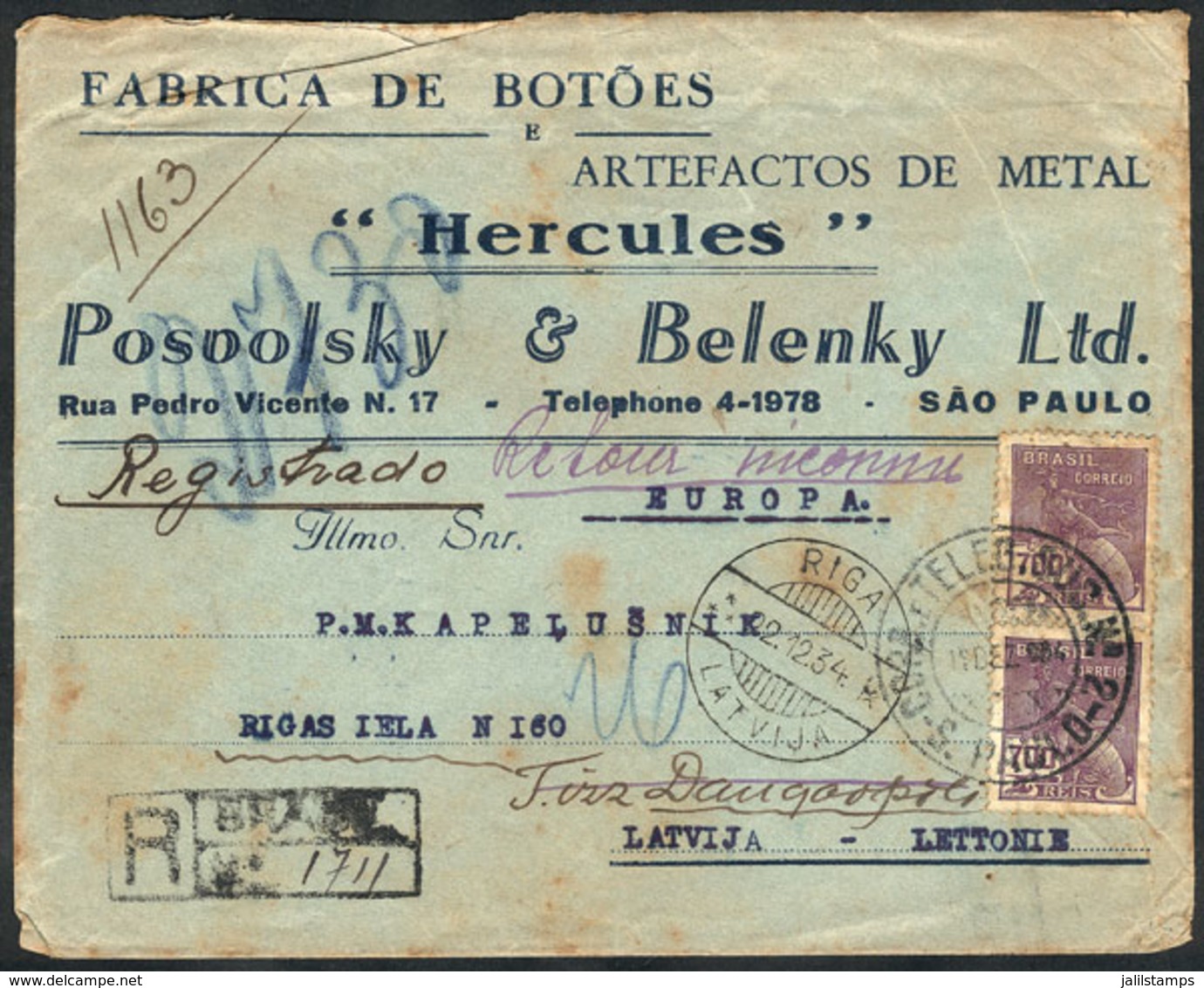 BRAZIL: Registered Cover Sent From Sao Paulo To LATVIA On 1/DE/1934 And Returned To Sender, Rare Destination! - Andere & Zonder Classificatie