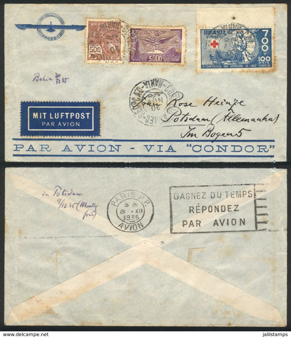 BRAZIL: Airmail Cover Sent From Bahia To Germany On 30/NO/1935 By AIR FRANCE (Paris Transit Backstamp), Franked With 4,2 - Other & Unclassified