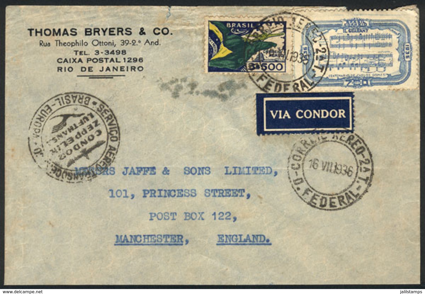 BRAZIL: Airmail Cover Sent From Rio To England On 16/AU/1936 By German Airmail, Minor Defect, Low Start! - Other & Unclassified