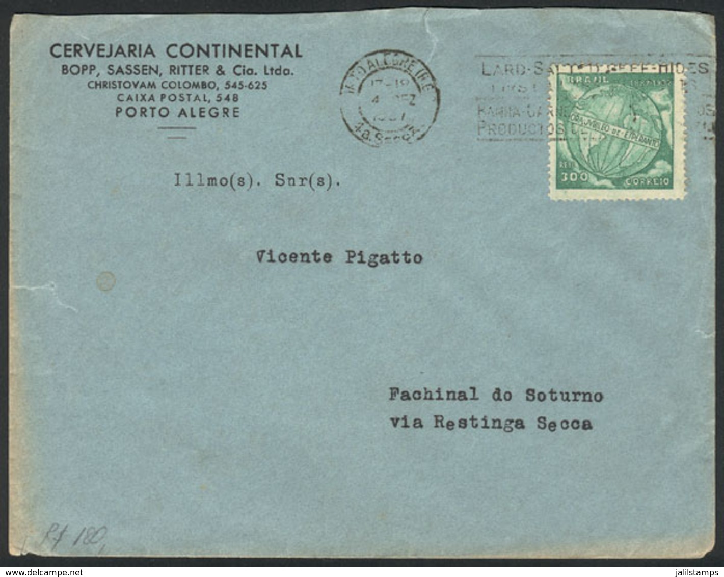BRAZIL: Cover Sent From Porto Alegre To Fachinal Do Soturno On 4/DE/1937, Franked By RHM.C-118 ALONE, Catalog Value 250R - Otros & Sin Clasificación