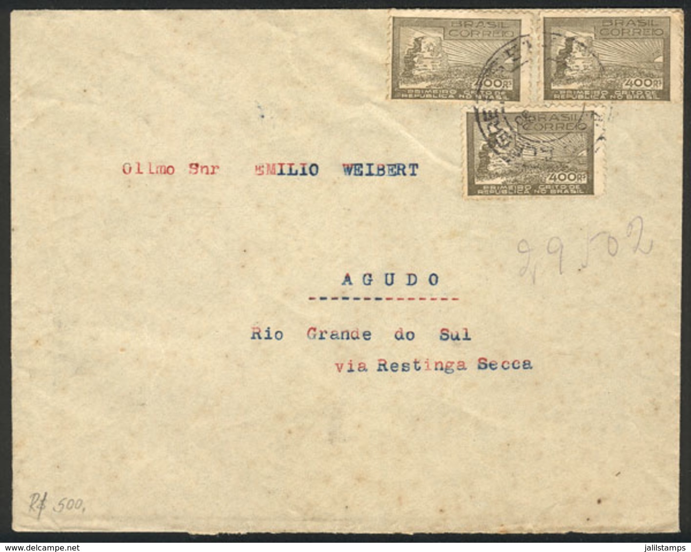 BRAZIL: Cover Sent From Porto Alegre To Agudo Franked By RHM.C-129 X3, VF, Rare! - Other & Unclassified