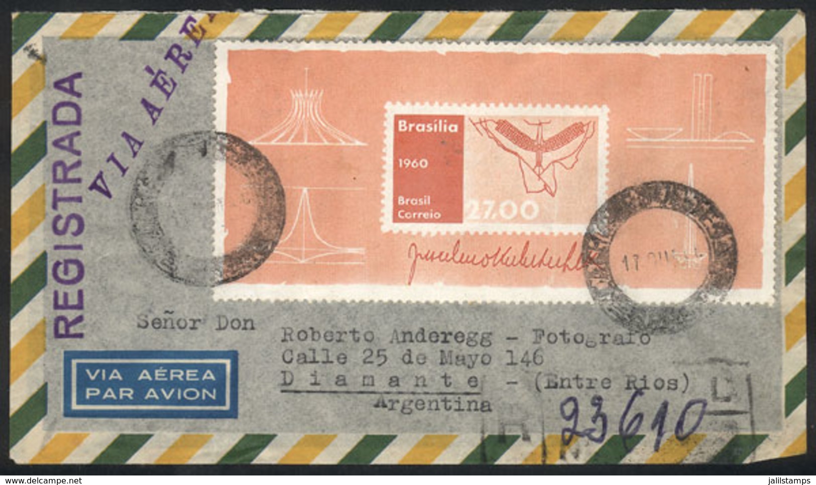 BRAZIL: RARE POSTAGE Of Souvenir Sheet (alone) On A Registered Airmail Cover Sent To Argentina On 17/OC/1960, VF Quality - Sonstige & Ohne Zuordnung
