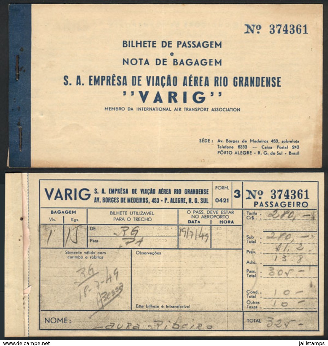 BRAZIL: Airplane Ticket Of 1949 For The Airline VARIG, Rae, VF Quality! - Other & Unclassified