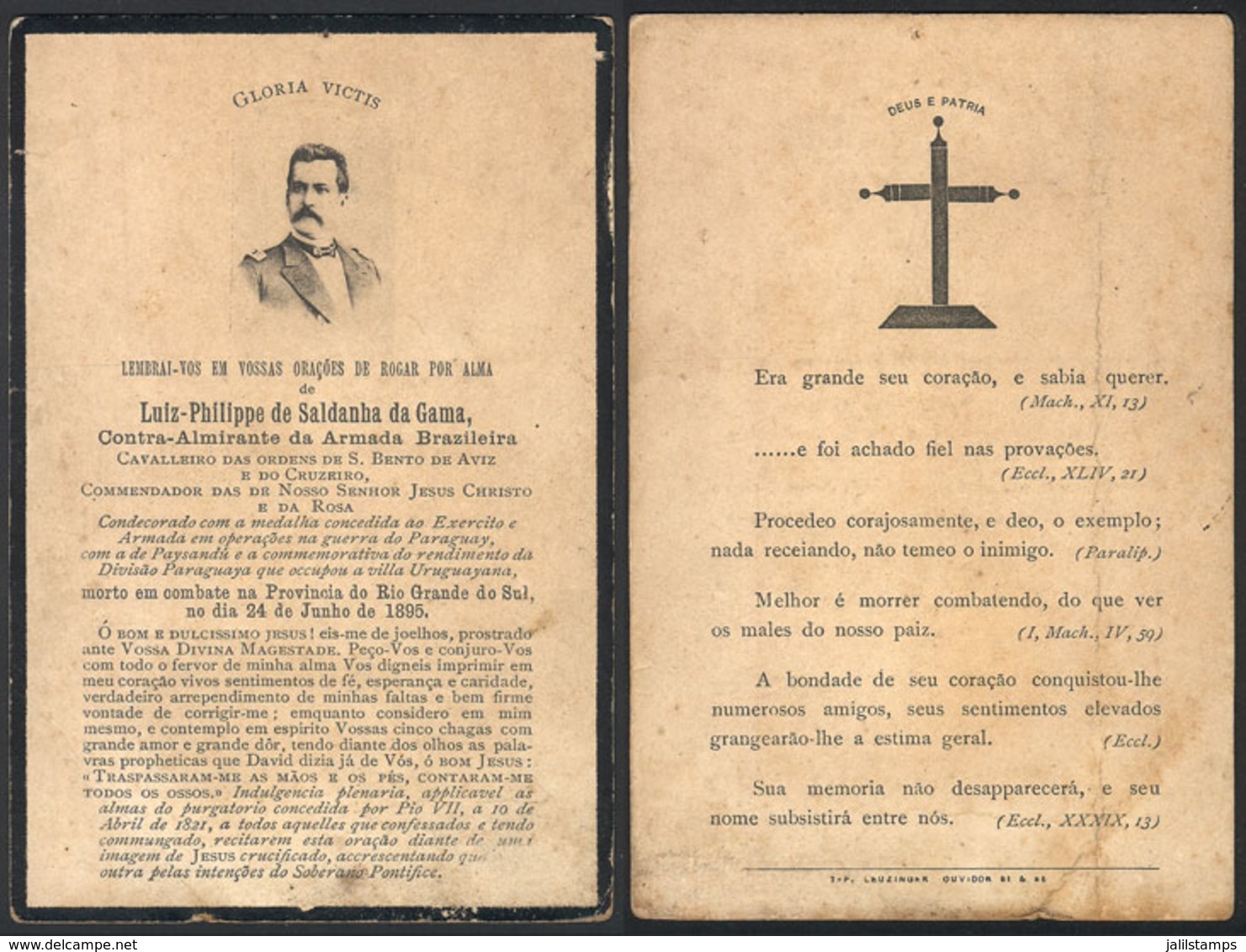 BRAZIL: Mourning Card Of 24/JUN/1895 For The Death Of Rear Admiral Luiz-Philippe De Saldanha Da Gama, Interesting! - Sonstige & Ohne Zuordnung