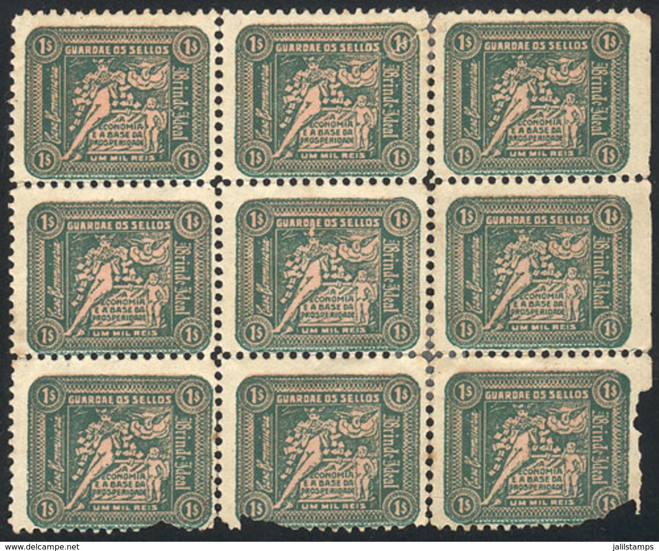 BRASIL: Cassa Commissaria, "Guardae Os Selos", Brinde Ideal, 1000Rs., Block Of 9 Cinderellas (the 3 Lower Labels With De - Sonstige & Ohne Zuordnung