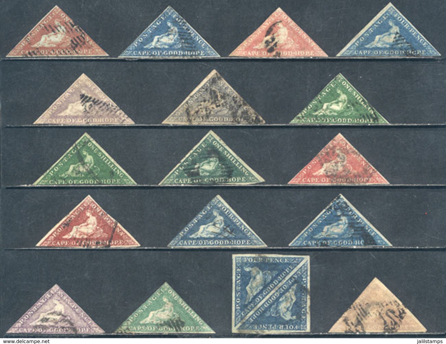 CAPE OF GOOD HOPE: Lot Of 16 Triangular Stamps + One Pair Mounted On 2 Stock Cards, Fine To VF Quality, Scott Catalog Va - Kap Der Guten Hoffnung (1853-1904)