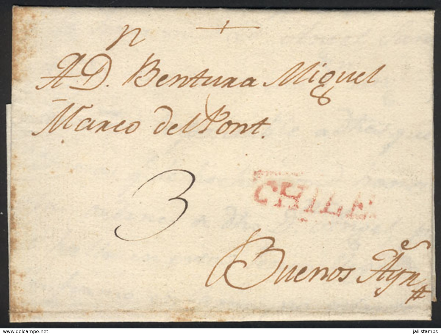 CHILE: 26/NO/1811 Santiago - Buenos Aires, Entire Letter With CHILE Mark In Red Along "3" Rating In Pen, Excellent Quali - Chile