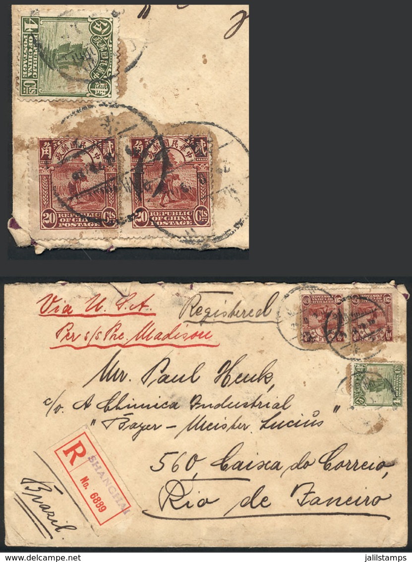 CHINA: Registered Cover Sent From Shanghai To Rio De Janeiro (Brazil) In NO/1929 Via New York, Nice Postage, VF Quality, - Sonstige & Ohne Zuordnung