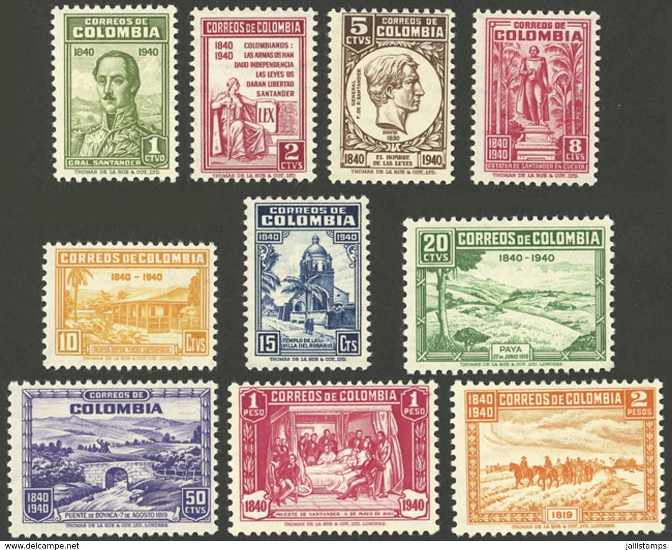 COLOMBIA: Yvert 339/43, 1940 Gral. Santander, Cmpl. Set Of 10 Values, Mint With Tiny Hinge Marks (they Look MNH), Excell - Colombia