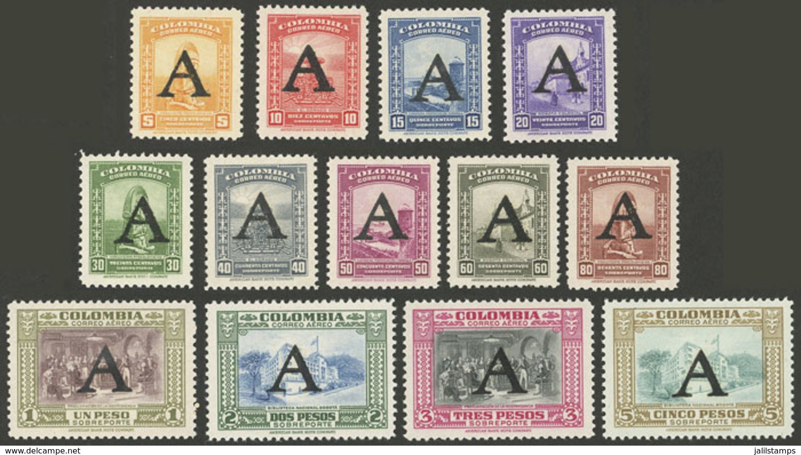 COLOMBIA: Yvert 175/187, 1950 Cmpl. Set Of 13 Values With "A" Overprint, Mint With Tiny Hinge Mark (they Look MNH), Exce - Colombia