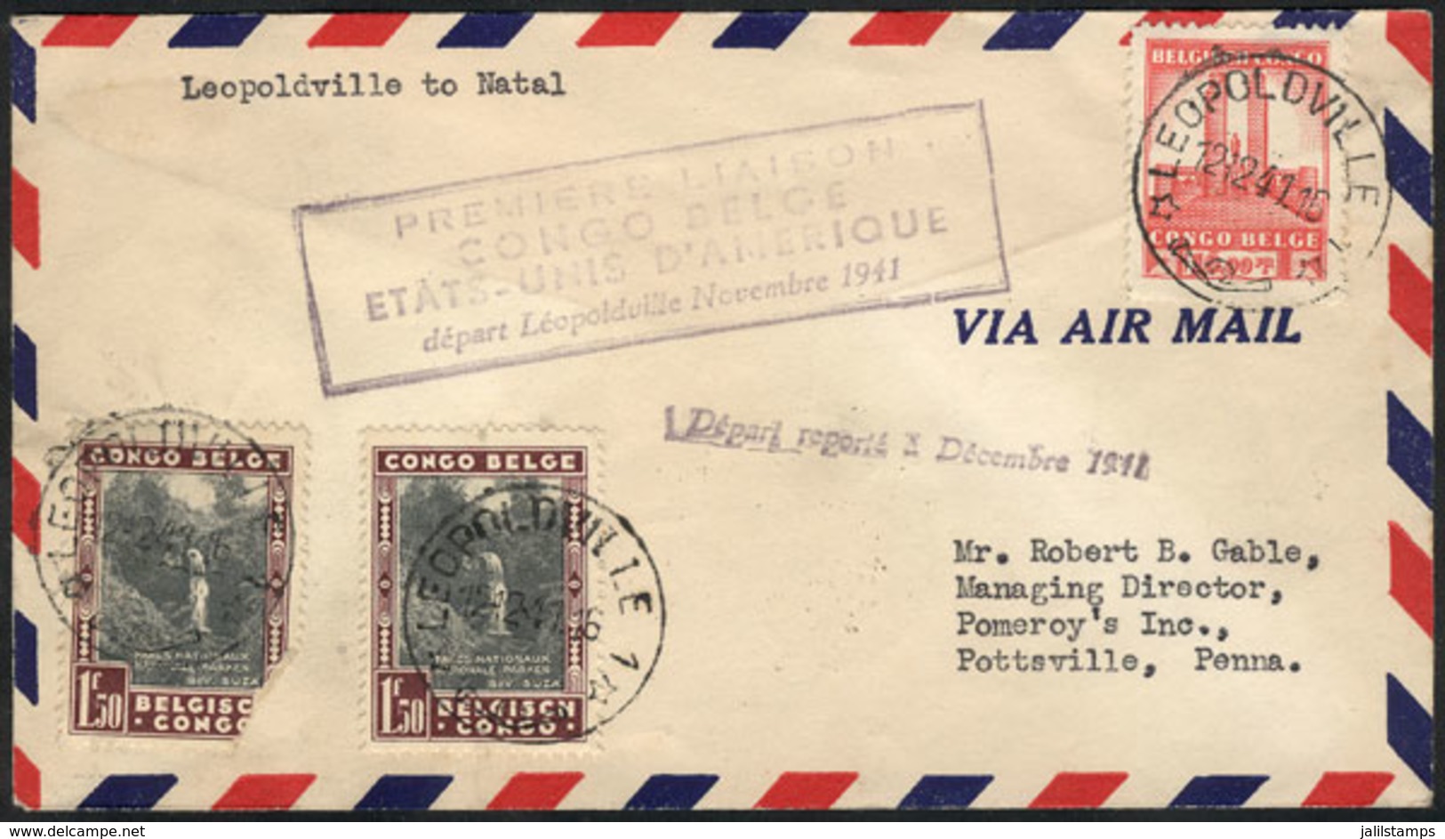 BELGIAN CONGO: 12/DE/1941 First Flight Leopoldville - USA, Bearing Several Transit Marks On Reverse, Very Interesting! - Other & Unclassified