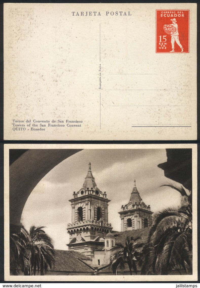 ECUADOR: 15c. Postal Card Illustrated On Back: "Quito, Towers Of The San Francisco Convent", Topic RELIGION, VF Quality! - Equateur