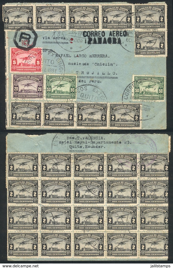 ECUADOR: 12/MAR/1931 Quito - Trujillo (Peru), Registered Airmail Cover Sent By PANAGRA, Spectacular Postage On Front And - Ecuador