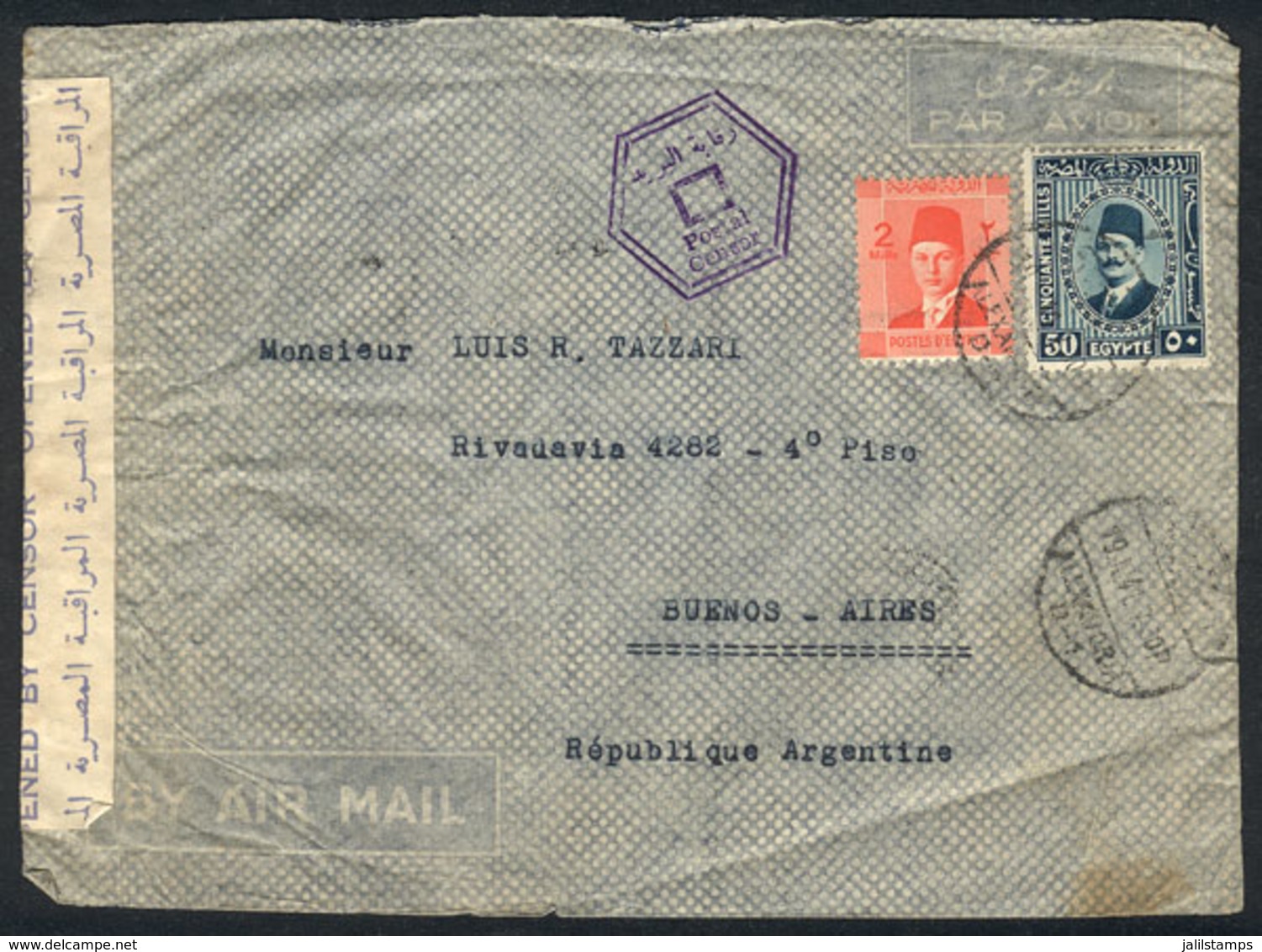 EGYPT: Airmail Cover Sent To Argentina On 19/JUN/1941, With Egyptian Censor Label And Marking, And Arrival Backstamp Of  - Otros & Sin Clasificación