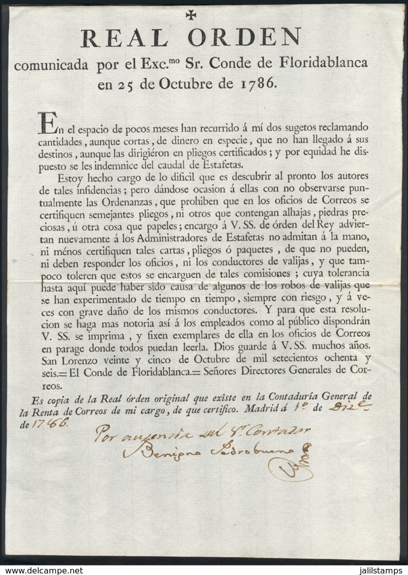 SPAIN: Printed Note Dated 4 December 1786 With Text Of Real Orden (transmitted By The Count Of Floridablanca) Instructin - Other & Unclassified