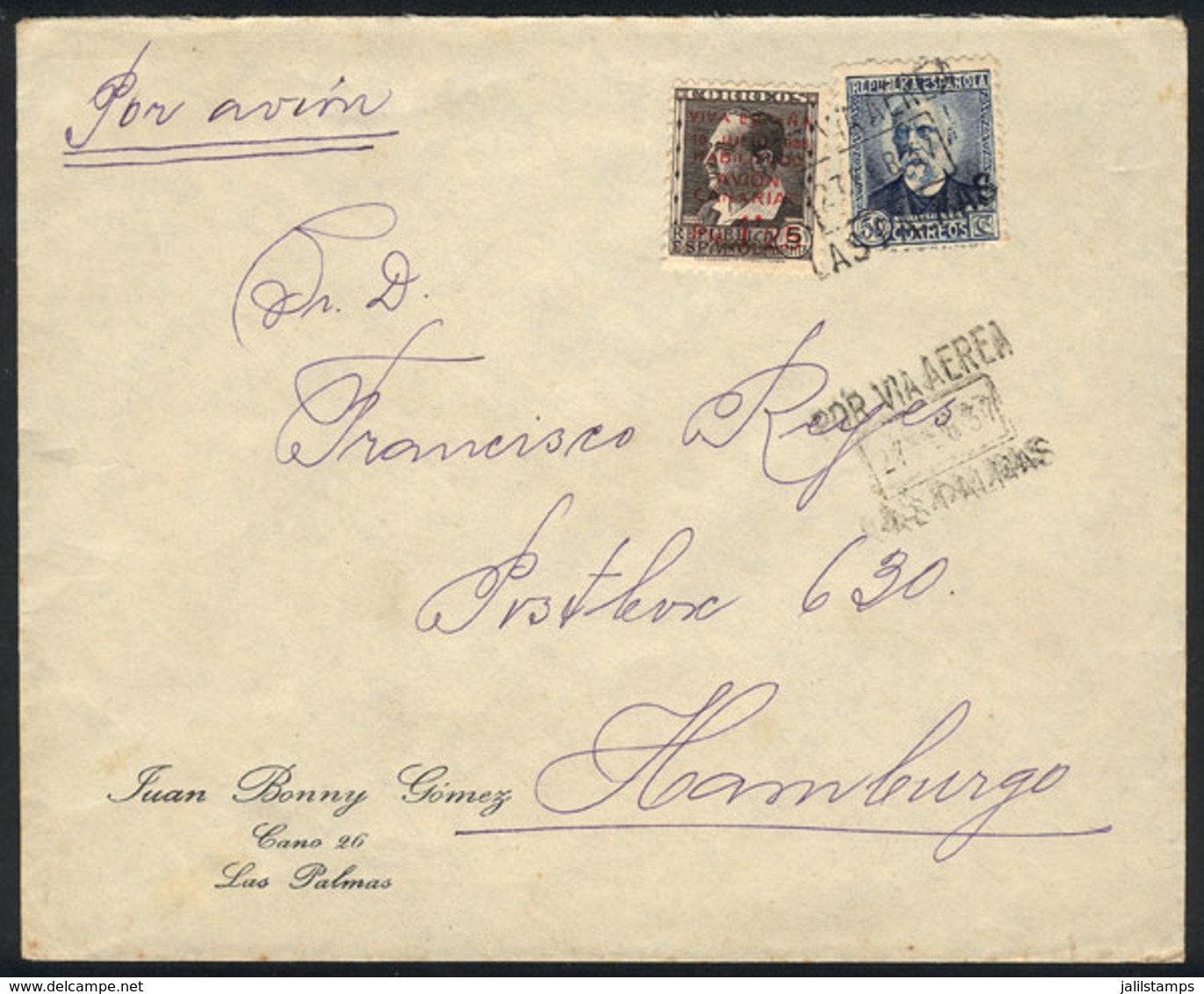 SPAIN: Airmail Cover Sent From LAS PALMAS To Germany On 27/FE/1937 With Nice Postage! - Otros & Sin Clasificación