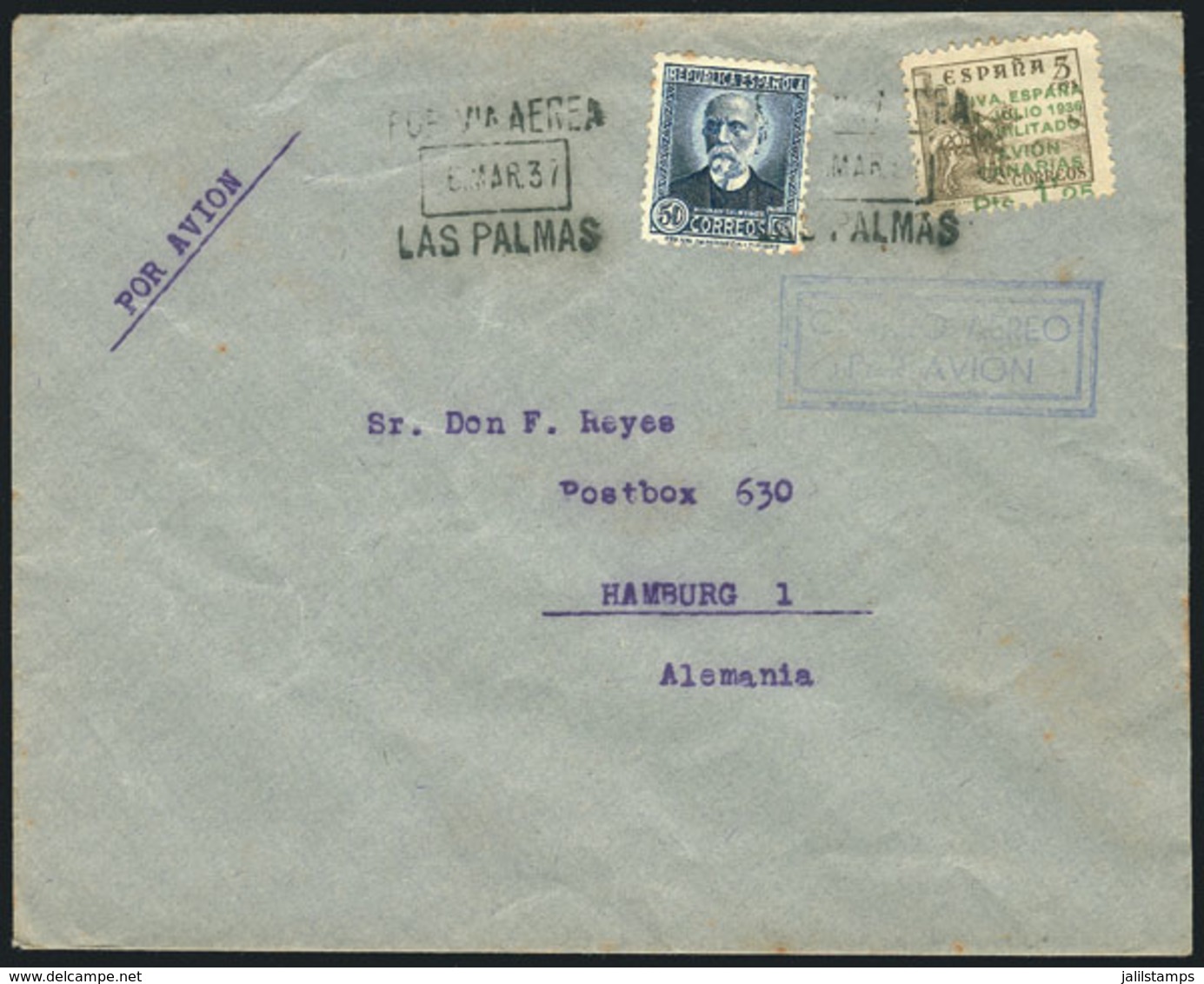 SPAIN: Airmail Cover Sent From LAS PALMAS To Germany On 6/MAR/1937 With Nice Postage! - Other & Unclassified