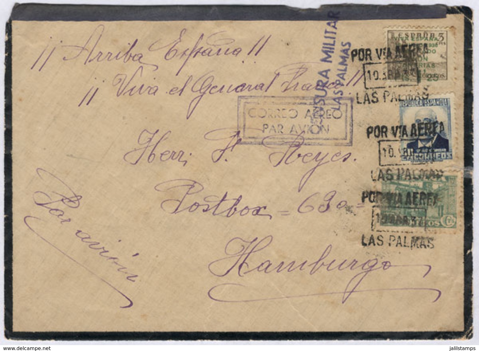 SPAIN: Airmail Cover Sent From LAS PALMAS To Germany On 10/AP/1937 With Nice Postage! - Otros & Sin Clasificación