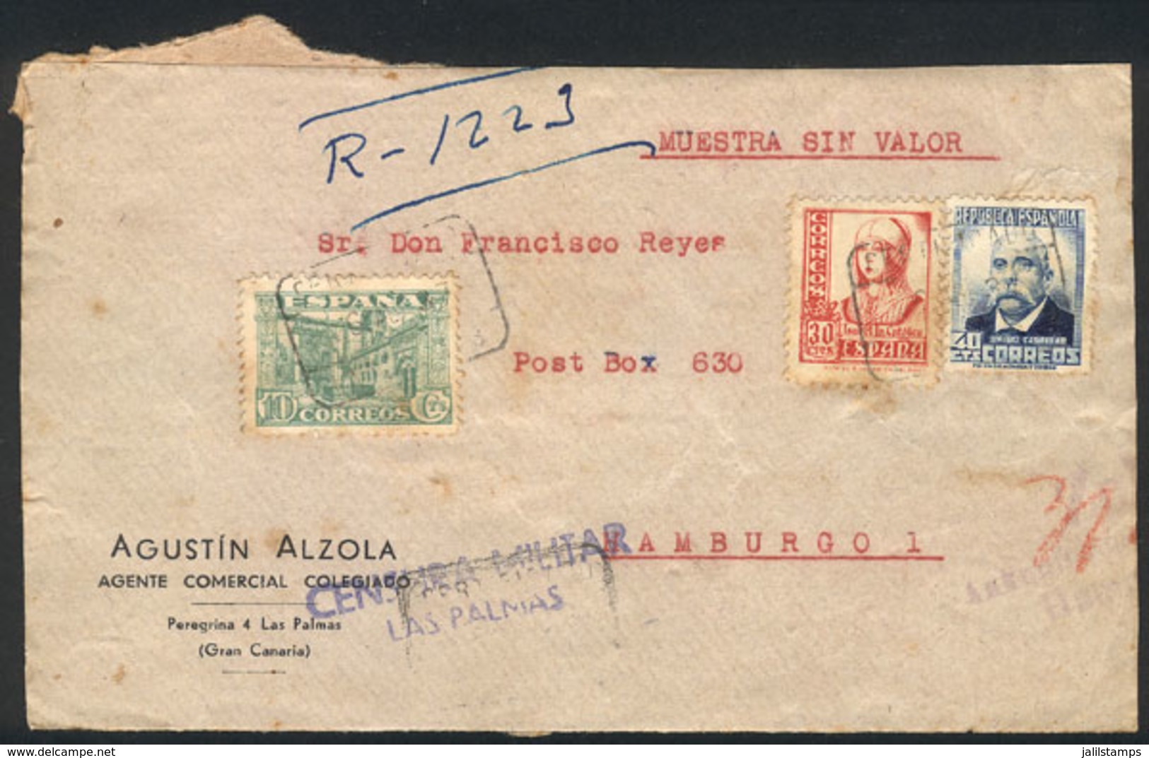 SPAIN: Front Of A Registered Parcel With "samples Without Value" Sent From LAS PALMAS To Germany On 26/AP/1937, Censored - Otros & Sin Clasificación