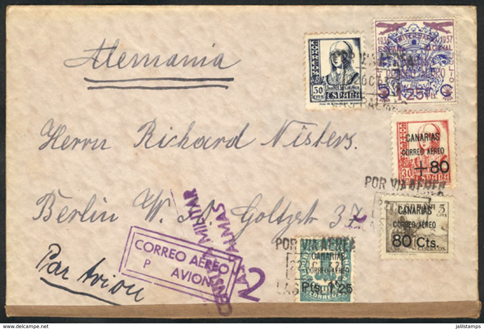 SPAIN: Airmail Cover Franked With Local Stamps Of The CANARY ISLANDS, Sent From Las Palmas To Berlin On 22/OC/1937, With - Otros & Sin Clasificación