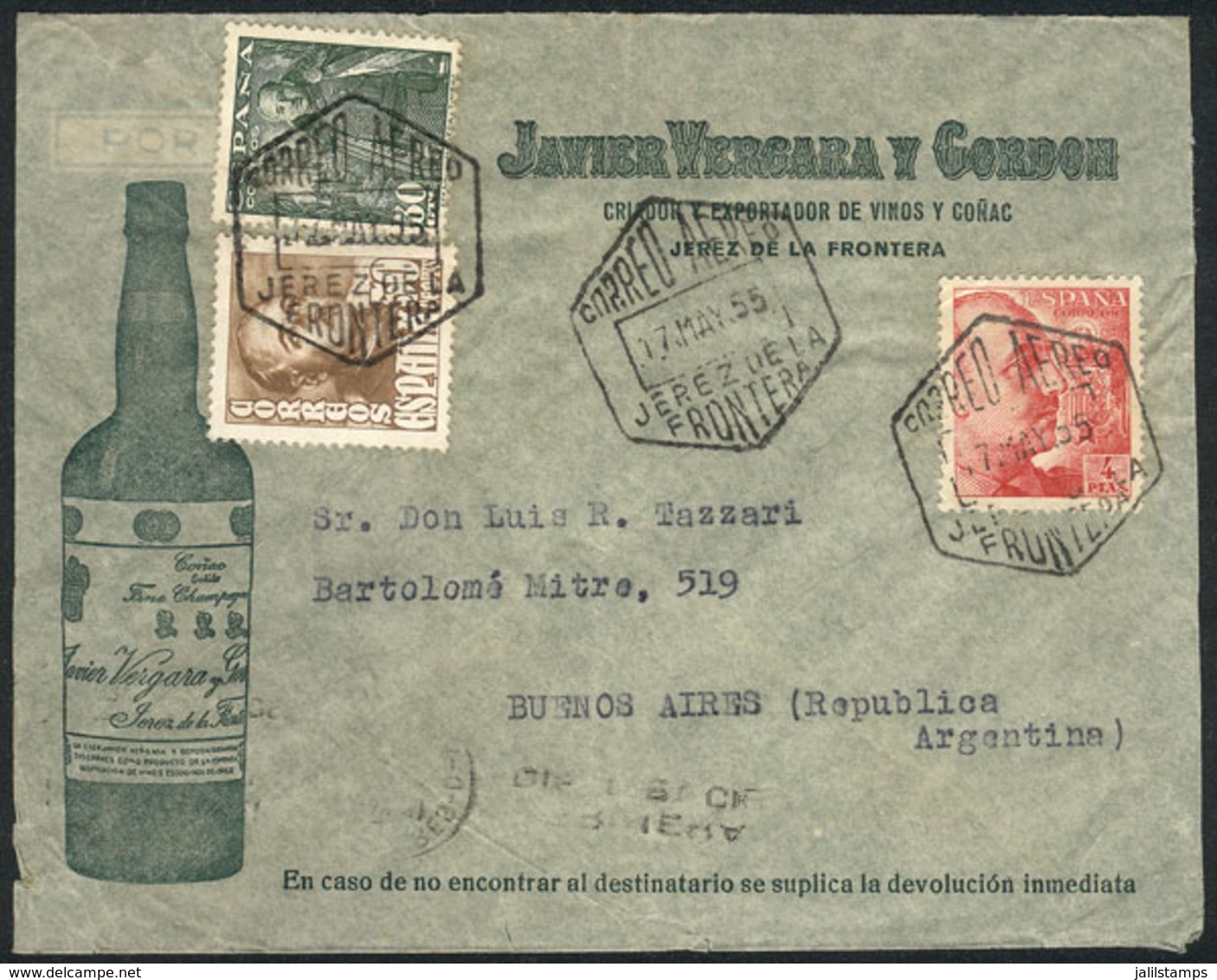 SPAIN: Cover With Nice Illustration And Advertisement Of COGNAC Javier Vergara Y Gordon, Sent From Jerez De La Frontera  - Other & Unclassified
