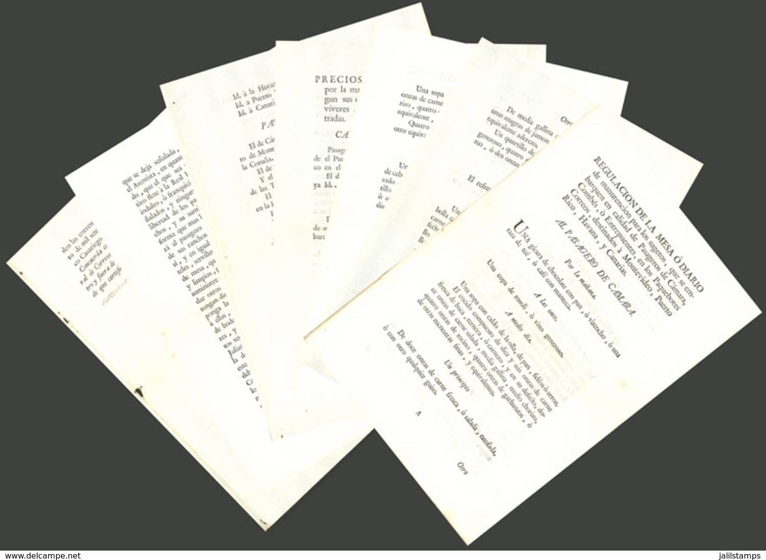 SPAIN: ORIGINAL Printed Document Of 7 Pages Dated In 1778, Indicating The Portions That Were To Be Served To Passengers  - Historical Documents