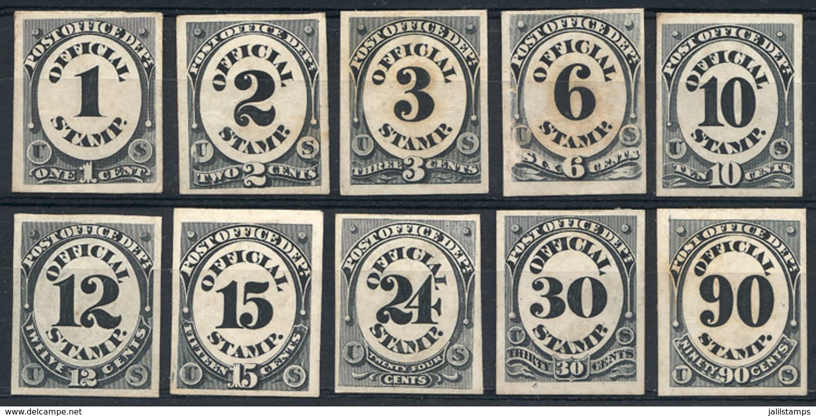 UNITED STATES: Sc.O47/O56, Post Office Dept., PROOFS On Thick Card, Complete Set Of 10 Values, Very Fine General Quality - Sonstige & Ohne Zuordnung