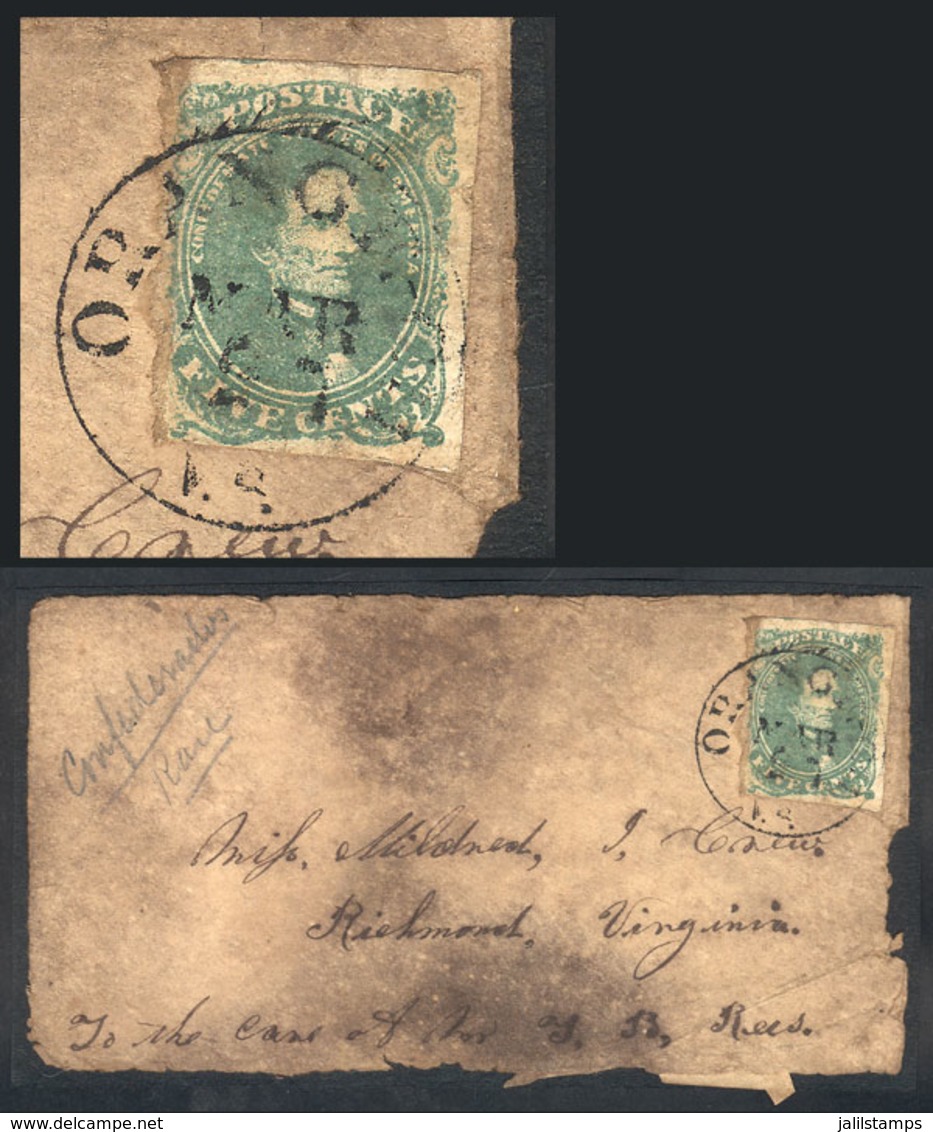 UNITED STATES: Sc.1, 1861 Jefferson Davis 5c. Green, On A Cover Sent From ORANGE To Richmond, Stained Envelope, The Stam - Other & Unclassified