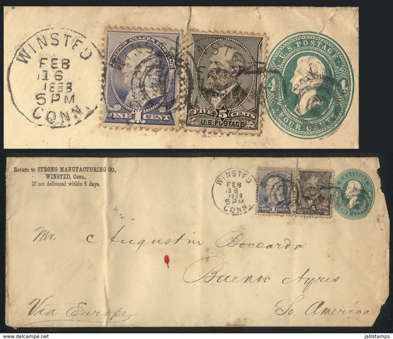UNITED STATES: 4c. Stationery Envelope + 1c. Franklin + 5c. Garfield (total 10c.) Sent From Winsted To Argentina On 16/F - Other & Unclassified