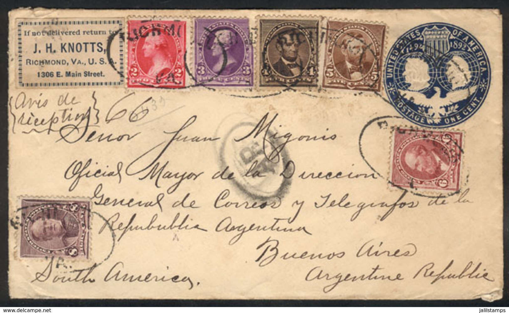 UNITED STATES: 1c. Stationery Envelope With Additional Postage (total 29c.), Sent By Registered Mail With AR From Richmo - Sonstige & Ohne Zuordnung