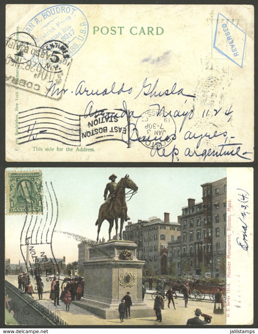 UNITES STATES: Postcard Franked With 1c. And Sent From Boston To Argentina On 3/JA/1907, With Due Marks Applied In USA A - Other & Unclassified