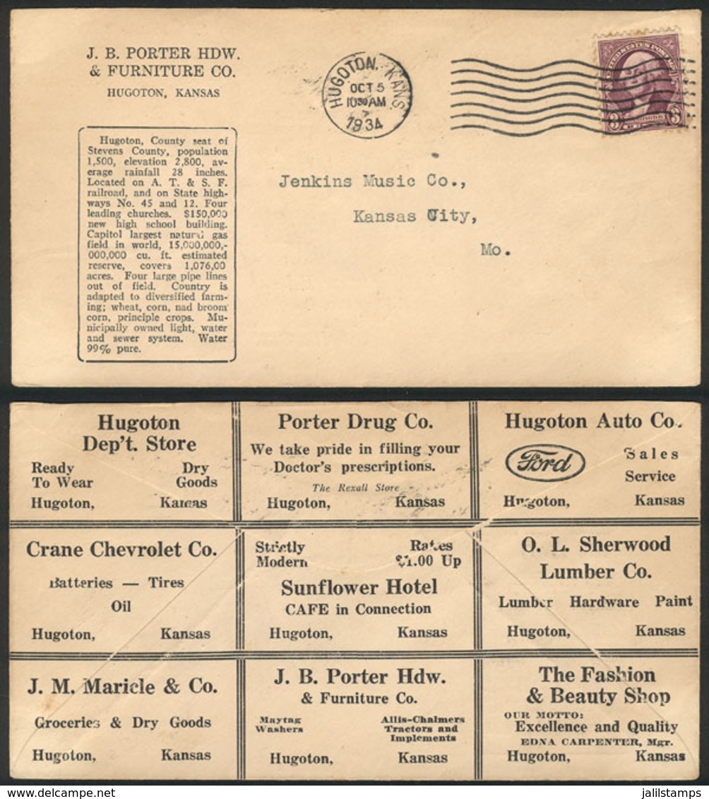 UNITED STATES: Cover Sent From Hugoton To Kansas On 5/OC/1934, Interesting Printed Advertising On Back, VF! - Other & Unclassified
