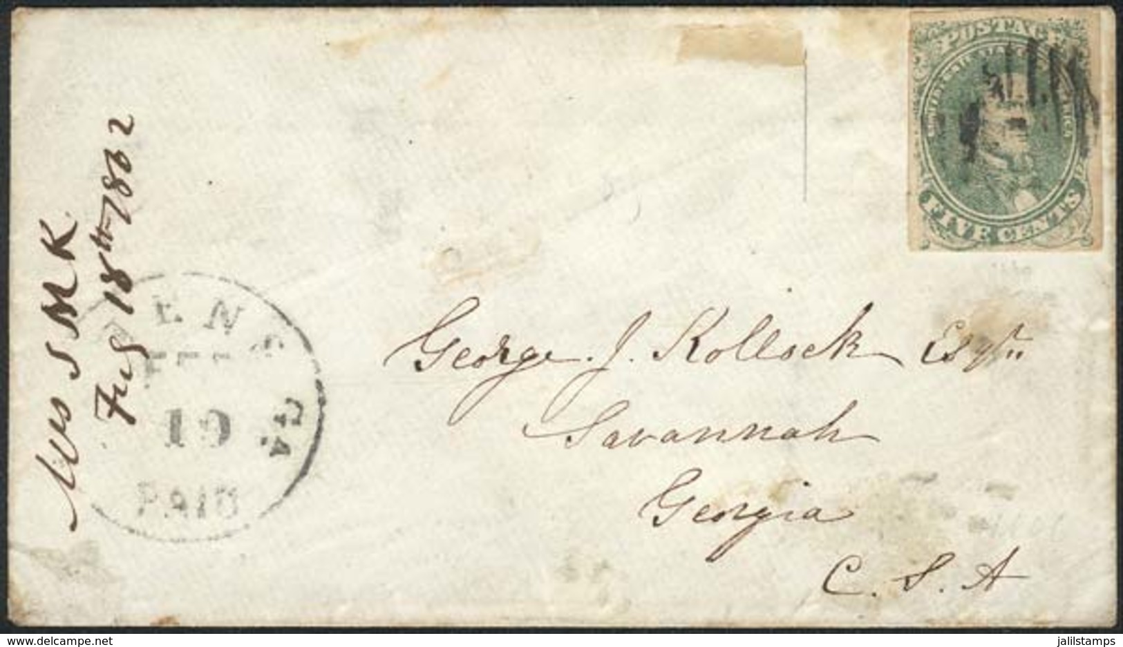 CONFEDERATE STATES OF AMERICA: Cover Franked By Sc.1 And Posted From Atens To Savannah (Georgia) On 18/JUL/1862, Very Ni - 1861-65 Confederate States